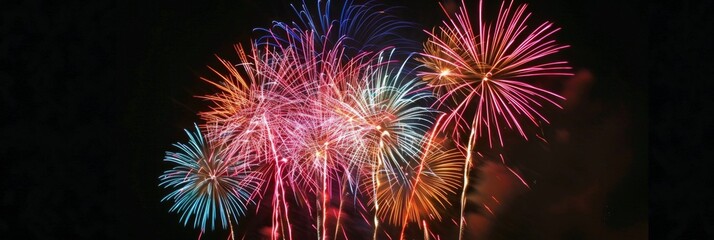 Wonderful vivid fireworks exploding on background of black night sky for celebration