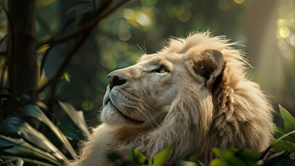 close up of a lion in the jungle, portrait of a lion, lion in the forest