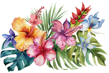 Watercolor tropical leaves and flowers. Botanical jungle illustration. Beautiful tropical exotic foliage.