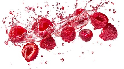 Photorealistic raspberry slices and juice splash isolated