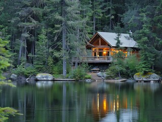 Fototapeta premium Tranquil Lakeside Cabin Retreat in a Pine Forest Haven