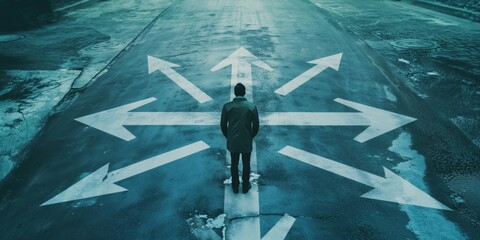 A contemplative man stands at a crossroad with multiple white arrows pointing in different directions