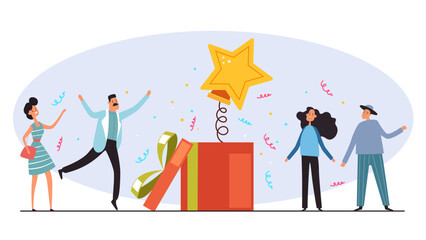 Reward gift people with box present isolated concept. Vector flat graphic design illustration