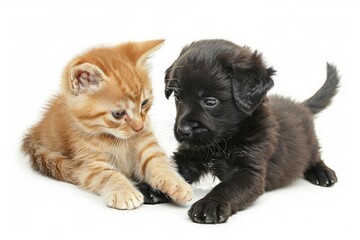 A playful kitten and a puppy with their paws on each other showing a moment of friendship on a clean white backdrop