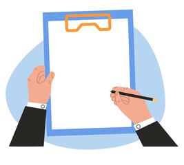 Business people hand holding empty clipboard isolated concept. Vector graphic design illustration