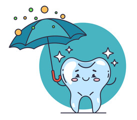Tooth character with umbrella dental protection isolated concept. Vector graphic design illustration