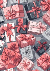 Cute christmas gift boxes with ribbons in hand drawn doodle style, flat vector background