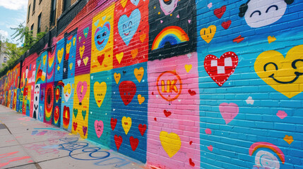 Fototapeta premium Colorful street mural with heart shapes, smiley faces, and rainbows, creating a vibrant and cheerful urban art scene.