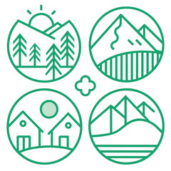 Set of Rural landscape with mountains and hills line icon. linear style Mountains with road and sun outline  vector on white background