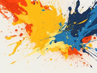 Vibrant abstract paint splatter artwork featuring bold splashes of orange, yellow, and blue on a white background. Dynamic and creative design.