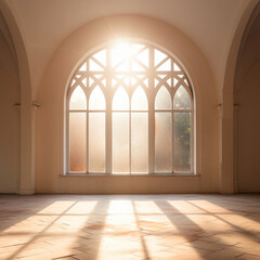 Fototapeta premium Sunlight streams through large, arched windows into an empty hall with tile flooring, casting beautiful shadows and illuminating the space warmly.