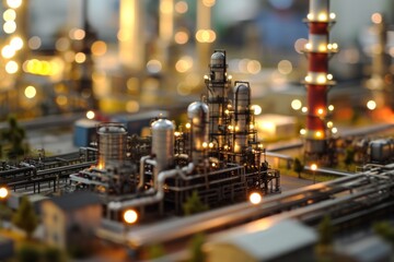 Intelligent factory internal display model, A lit-up model of an oil refinery showcasing intricate details and glowing lights, AI generated