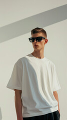 Man wearing sunglasses in White Oversized T-Shirt and Black Shorts