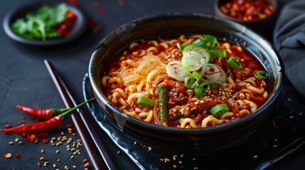 Spicy Korean Noodle Dish with Kimchi and Red Peppers Generative AI