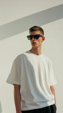 Man wearing sunglasses in White Oversized T-Shirt and Black Shorts