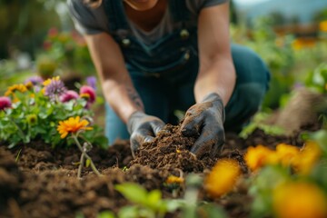Fototapeta premium Close up of a woman planting flowers in a garden, representing horticulture, nature, and the satisfaction of gardening