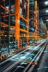 Fototapeta premium Futuristic logistics system or automated warehouse in an enterprise, vertical poster