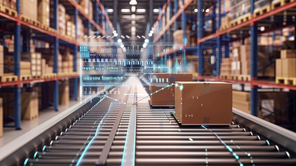 high tech automated conveyor system with boxes moving along a belt in a modern warehouse