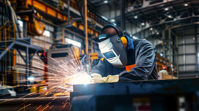 Master specialist in a protective mask carrying out the welding process, sparks fly from the point of contact, modern industrial production