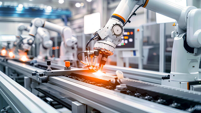 General plan of an advanced manufacturing plant, synchronized robotic arms in a modern production facility