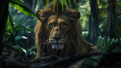 close up of a lion in the jungle, portrait of a lion, lion in the forest