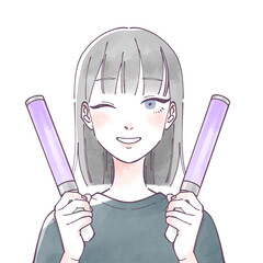 ペンライトを両手に持ってウインクする黒髪ショートの女性　水彩