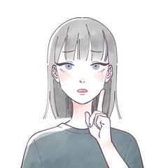 困って考えている黒髪ショートの女性　水彩
