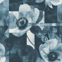 Abstract Blue Monochrome Floral Artwork with Vintage Textures