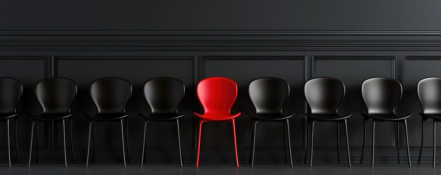 A row of black chairs with a red chair in the middle in the photo in front of a black wall