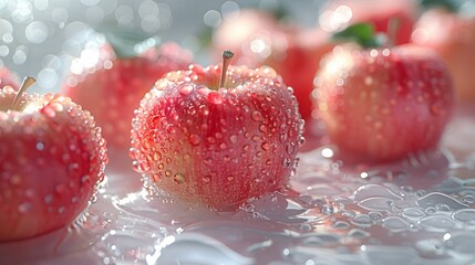 Fresh Sliced Apples on White Background with Water Droplets Generative AI
