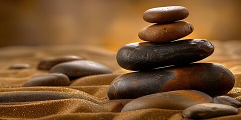 Harmonious Balance and Serenity: Tranquil Stone Zen Stacks Against Beige Backdrop. Concept Harmonious Balance, Serenity, Tranquil Stone Zen Stacks, Beige Backdrop