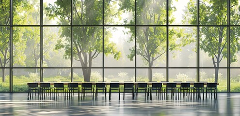 Naklejka premium Train of chairs in a room with large glass windows overlooking the garden with green trees