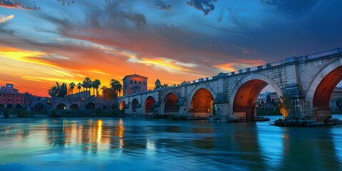 Sunset over river bridge linking ancient cities with palm trees and Roman buildings. Concept Travel Photography, Sunset Views, Ancient Architecture, River Landscapes, Historical Sites