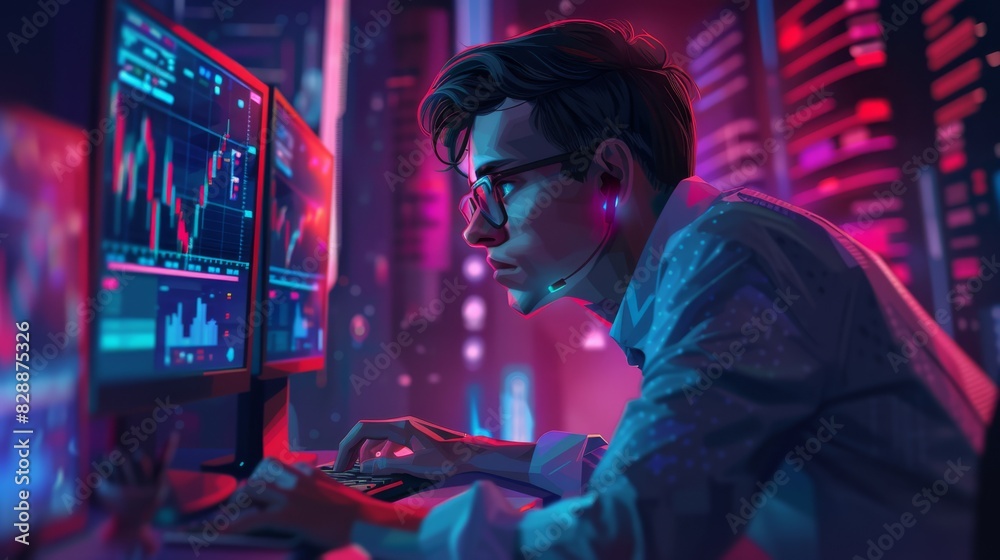 Poster A focused stock trader intensely analyzes market data on multiple screens in a vibrant, neon-lit office, illustrating the fast-paced trading environment.
