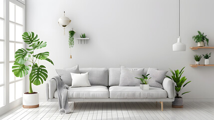 A light-filled contemporary living room with a comfortable sofa, stylish furniture,
