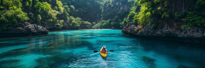 An adventurer kayaking through a serene turquoise lagoon surrounded by lush mountain cliffs
