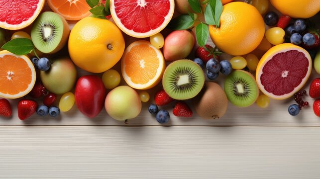Fruit background with empty space for advertising. Multifruits on the table, wooden background. Juicy ripe fruits with vitamins. Healthy nutrition, diet, diabetes. Sale of fruits. Vitamin complex.