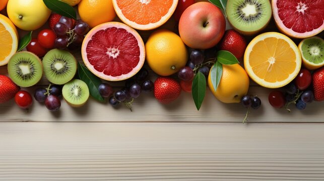 Fruit background with empty space for advertising. Multifruits on the table, wooden background. Juicy ripe fruits with vitamins. Healthy nutrition, diet, diabetes. Sale of fruits. Vitamin complex.