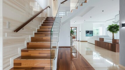 Modern staircase in the house, glass and wood handrail, open space with kitchen area on one side...