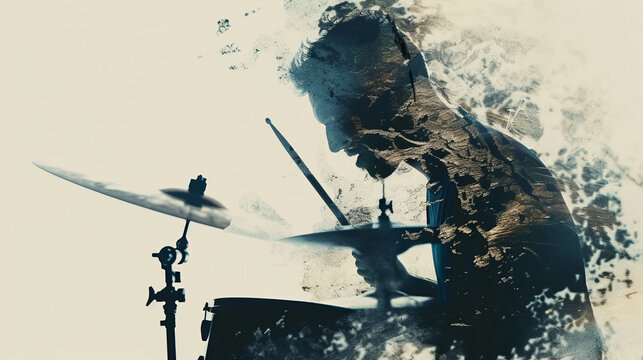 Artistic double exposure of drummer playing drums, blending music and abstract textures in a dynamic composition.
