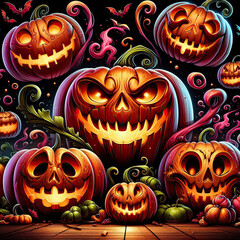 Halloween jack o lanterns on various creepy background