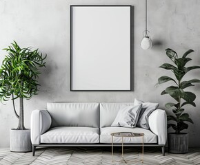 This image depicts a cozy living room setup with a blank frame on the wall, showcasing a wallpaper that complements a beautiful, abstract background and could be a best-seller