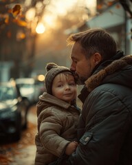 Fototapeta premium A man and his child are standing in the street.