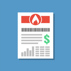 natural gas or heat bill flat design vector illustration, increasing cost of living concept, utility utility paper invoice pictogram