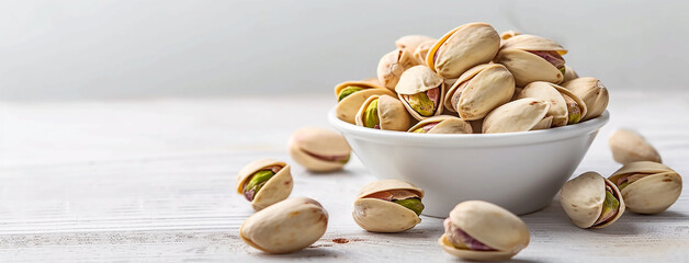 wide detailed macro closeup background photo of ceramic bowl full of green and white color pistachio nuts on a white background with copy space 
