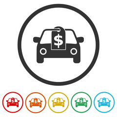 New car with dollar price tag icon. Set icons in color circle buttons