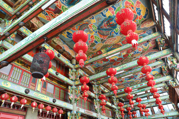 Chinese lanterns hanging from the ceiling in Chinese temple
