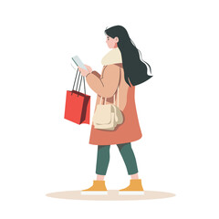 woman holding shopping bags. shopping online concept. vector illustration