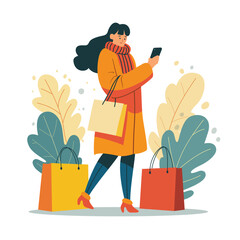 woman holding shopping bags. shopping online concept. vector illustration