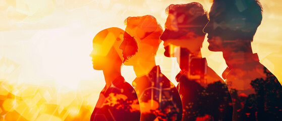 Silhouettes of people against a vibrant sunset, symbolizing unity and diversity with a colorful, artistic overlay.